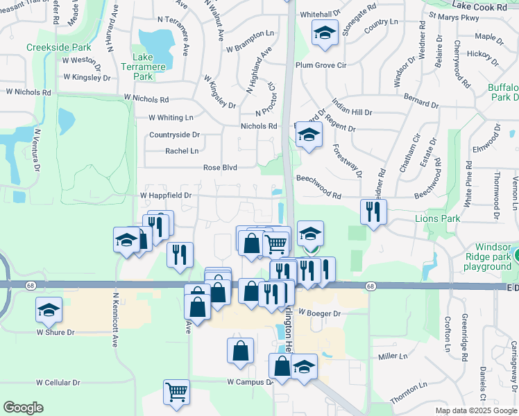 map of restaurants, bars, coffee shops, grocery stores, and more near 339 West Happfield Drive in Arlington Heights