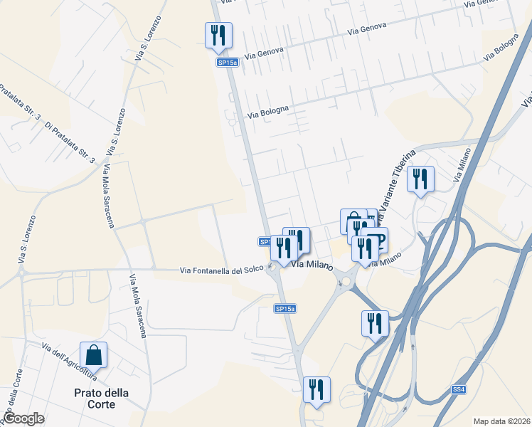 map of restaurants, bars, coffee shops, grocery stores, and more near 32 Strada Provinciale 15a in Fiano Romano