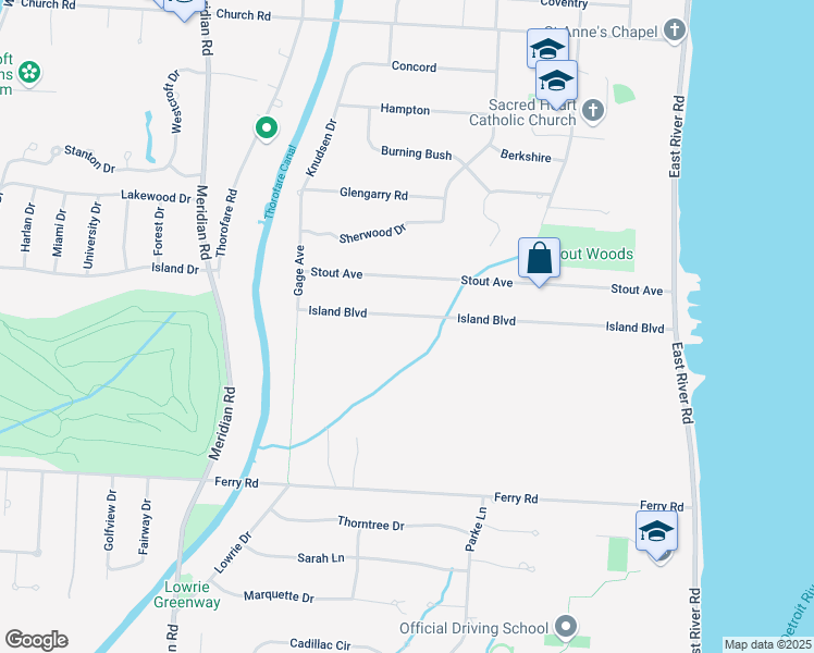 map of restaurants, bars, coffee shops, grocery stores, and more near 8497 Island Boulevard in Grosse Ile Township