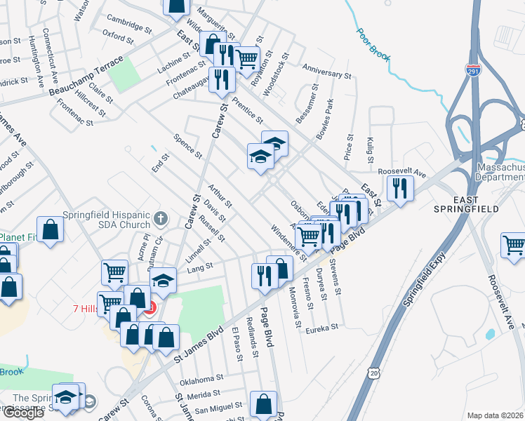 map of restaurants, bars, coffee shops, grocery stores, and more near 119 Windemere Street in Springfield