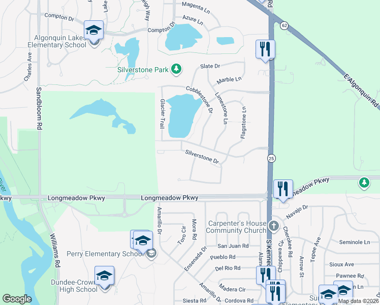 map of restaurants, bars, coffee shops, grocery stores, and more near 701 Silverstone Drive in Carpentersville