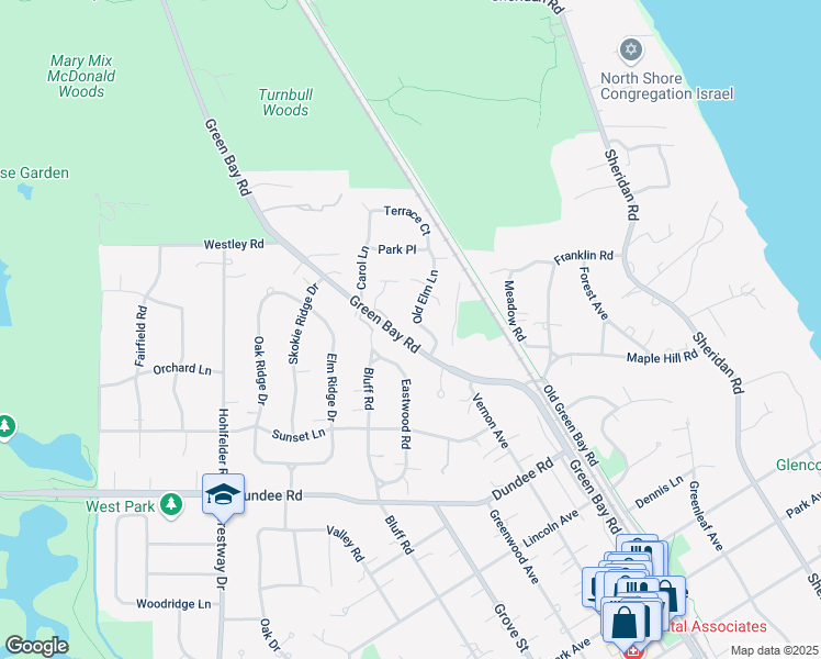 map of restaurants, bars, coffee shops, grocery stores, and more near 1066 Old Elm Lane in Glencoe