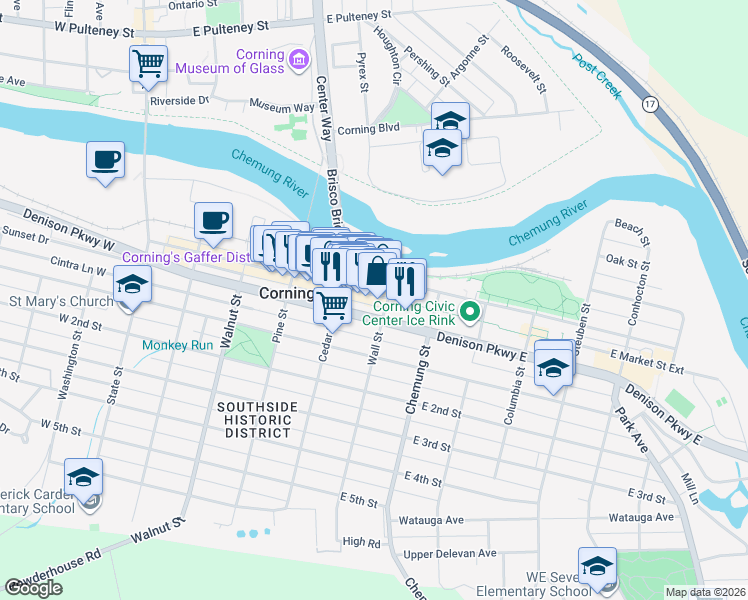 map of restaurants, bars, coffee shops, grocery stores, and more near 88 East Market Street in Corning