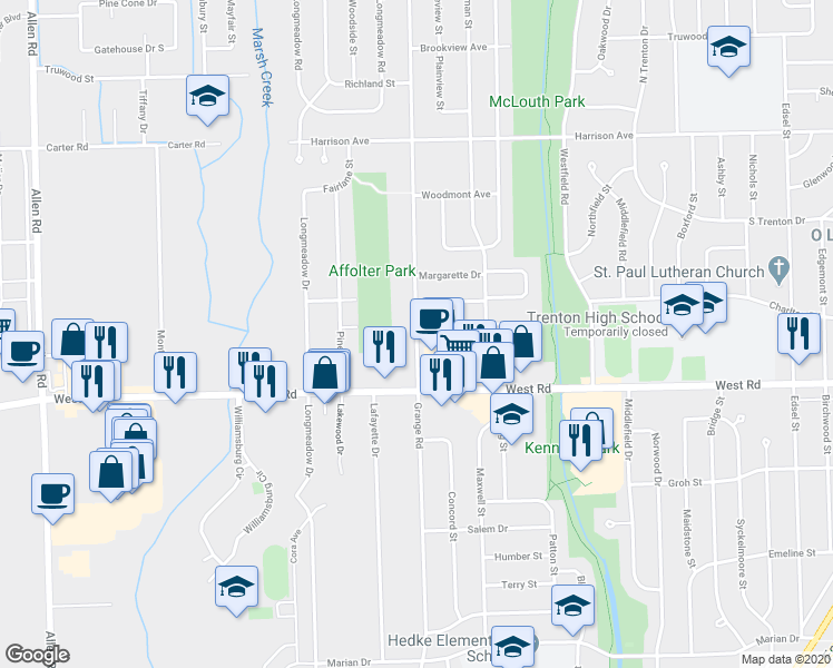 map of restaurants, bars, coffee shops, grocery stores, and more near 2636 Grange Road in Trenton