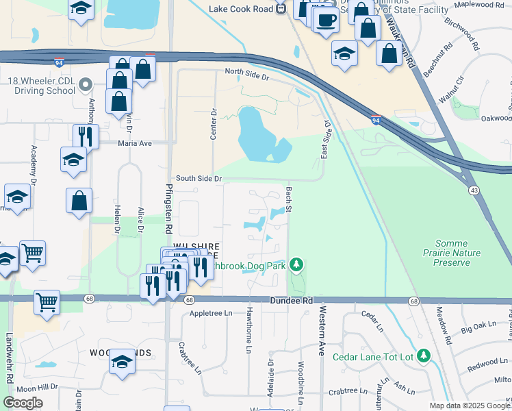 map of restaurants, bars, coffee shops, grocery stores, and more near 2570 Stowe Court in Northbrook