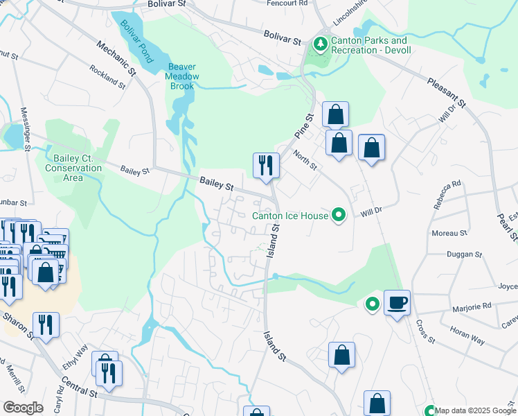 map of restaurants, bars, coffee shops, grocery stores, and more near 57 Meadowood Drive in Stoughton