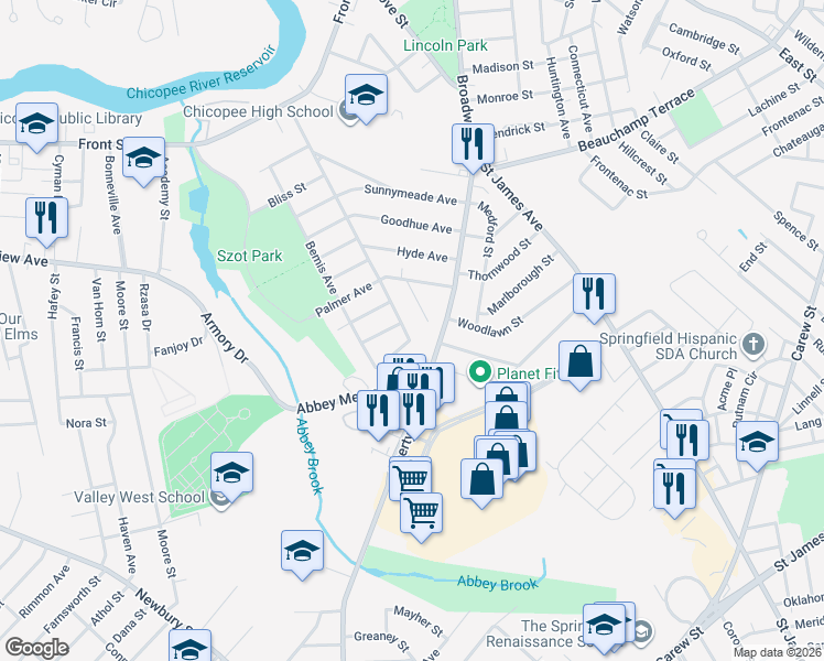 map of restaurants, bars, coffee shops, grocery stores, and more near 271 Wheatland Avenue in Chicopee