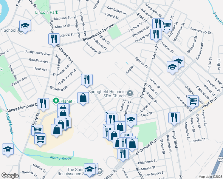 map of restaurants, bars, coffee shops, grocery stores, and more near 125 Atherton Street in Springfield