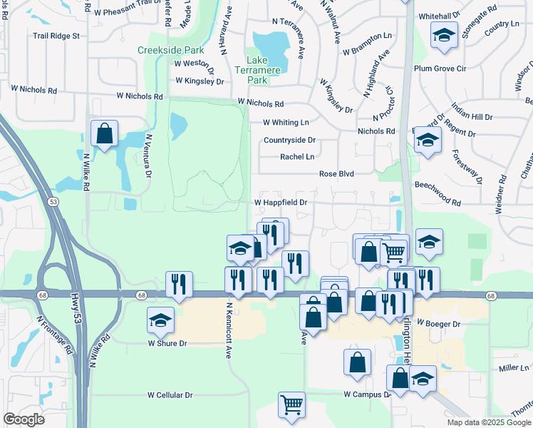 map of restaurants, bars, coffee shops, grocery stores, and more near 909 West Happfield Drive in Arlington Heights