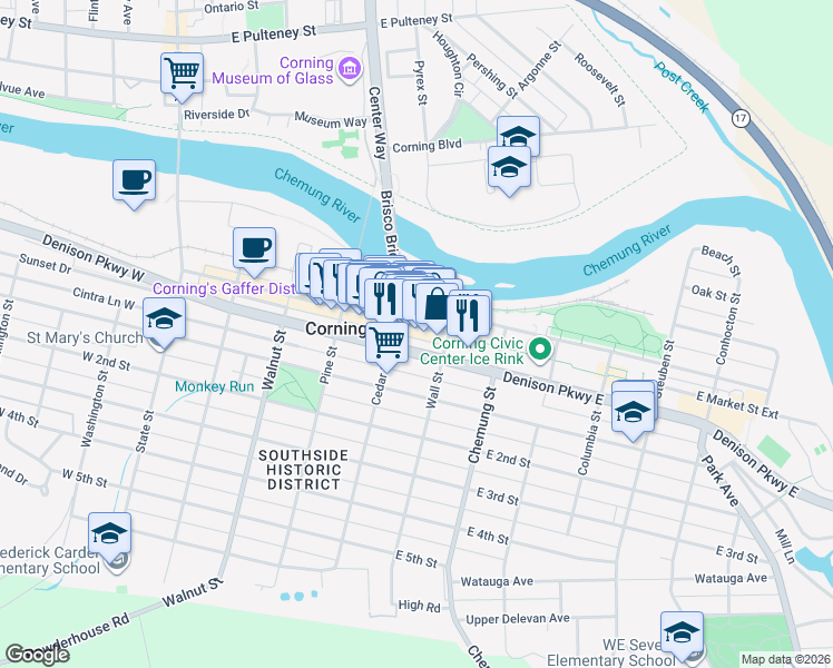 map of restaurants, bars, coffee shops, grocery stores, and more near 62 East Market Street in Corning