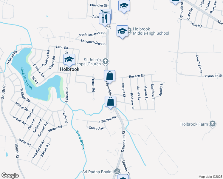 map of restaurants, bars, coffee shops, grocery stores, and more near 406 South Franklin Street in Holbrook