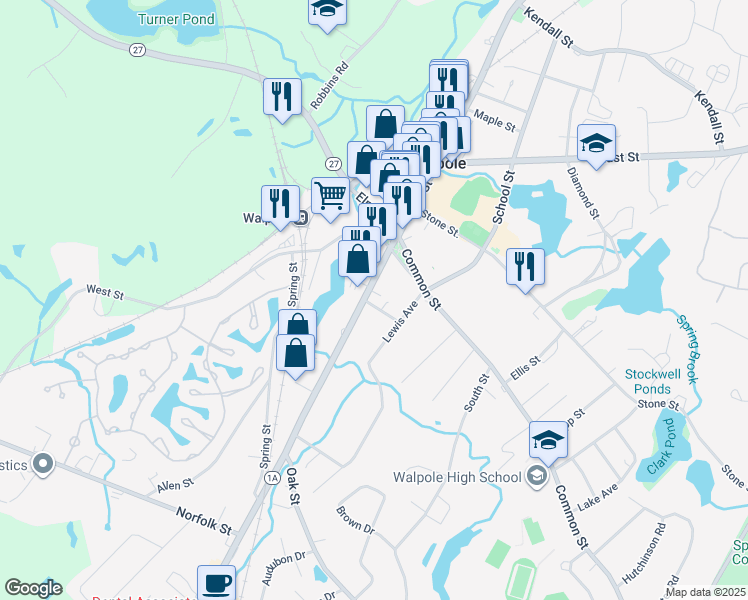 map of restaurants, bars, coffee shops, grocery stores, and more near 20 Greenwood Road in Walpole