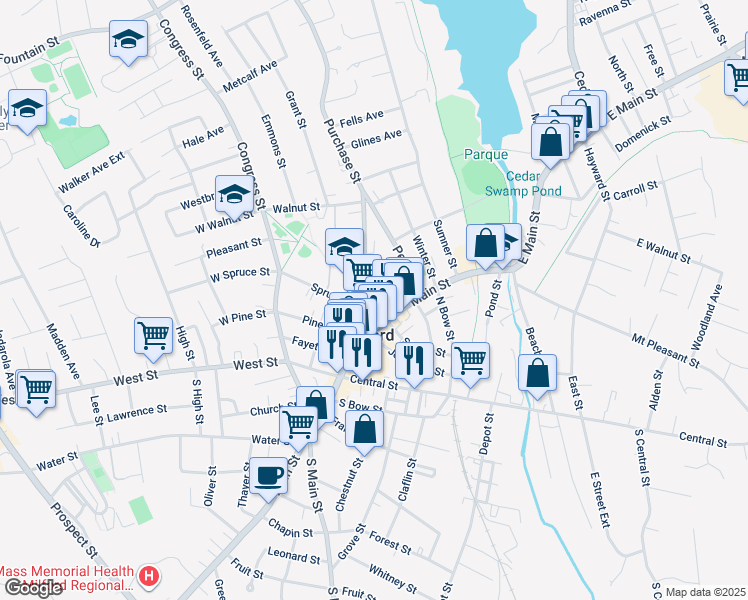 map of restaurants, bars, coffee shops, grocery stores, and more near 29 Spruce Street in Milford