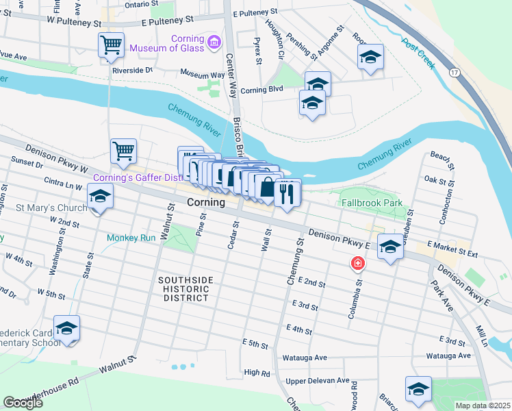 map of restaurants, bars, coffee shops, grocery stores, and more near 62 East Market Street in Corning