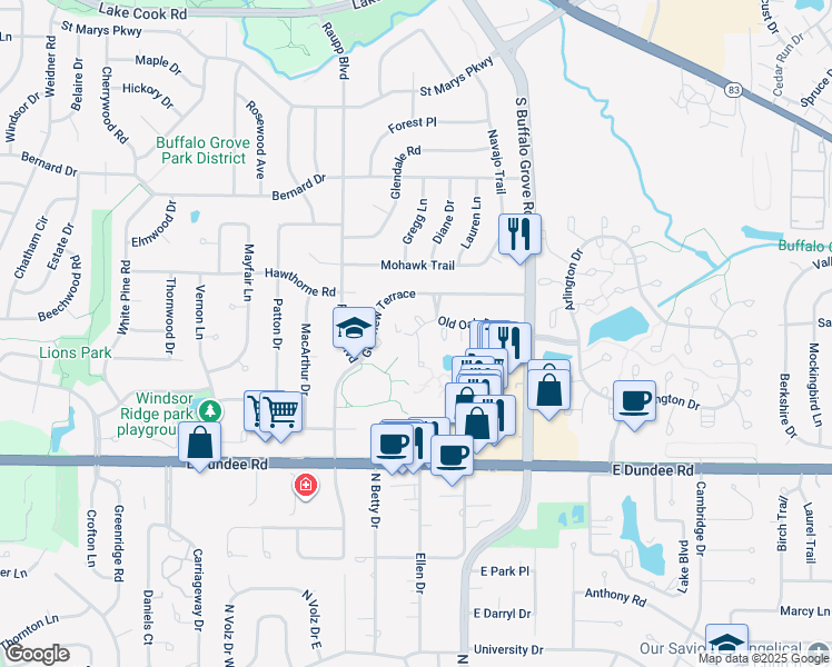 map of restaurants, bars, coffee shops, grocery stores, and more near 173 Old Oak Court West in Buffalo Grove
