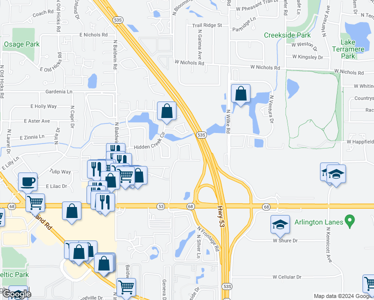map of restaurants, bars, coffee shops, grocery stores, and more near 1858 Goodwin Drive in Palatine