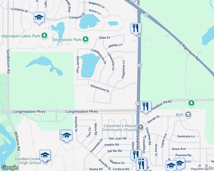 map of restaurants, bars, coffee shops, grocery stores, and more near 203 Silverstone Drive in Carpentersville