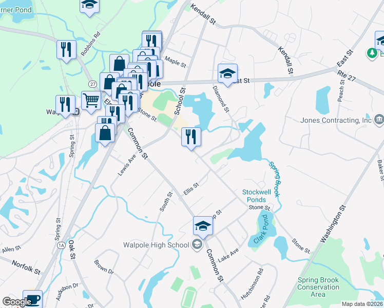 map of restaurants, bars, coffee shops, grocery stores, and more near 137 Stone Street in Walpole