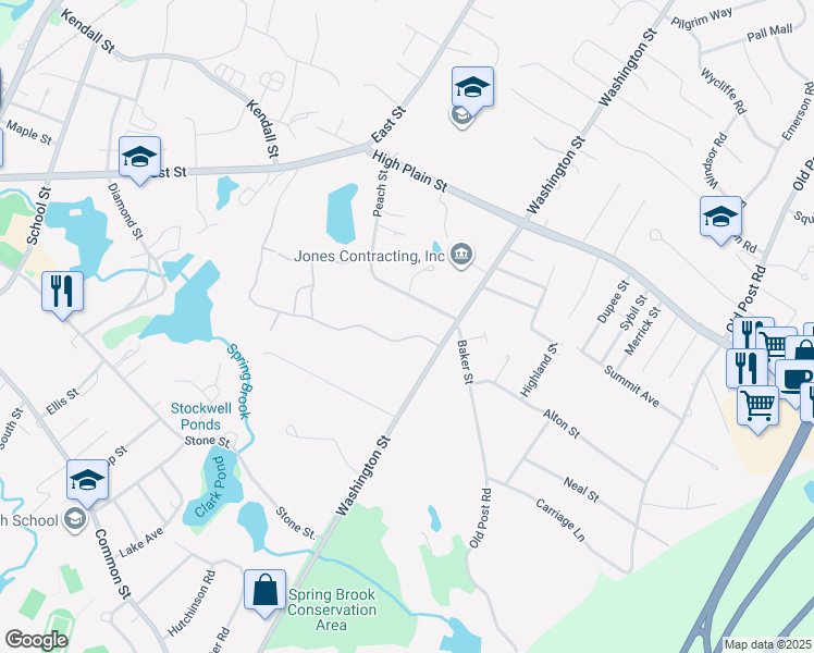map of restaurants, bars, coffee shops, grocery stores, and more near 5 Rainbow Pond Drive in Walpole