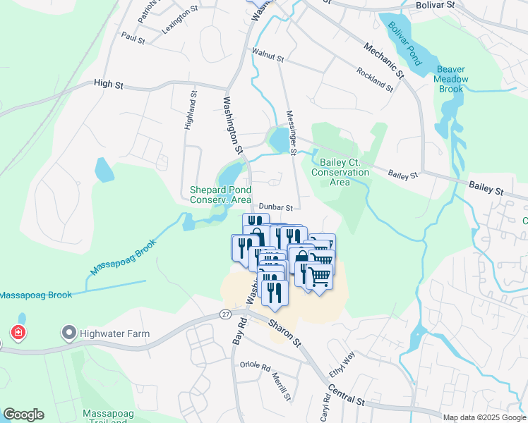 map of restaurants, bars, coffee shops, grocery stores, and more near 35 Dunbar Street in Canton