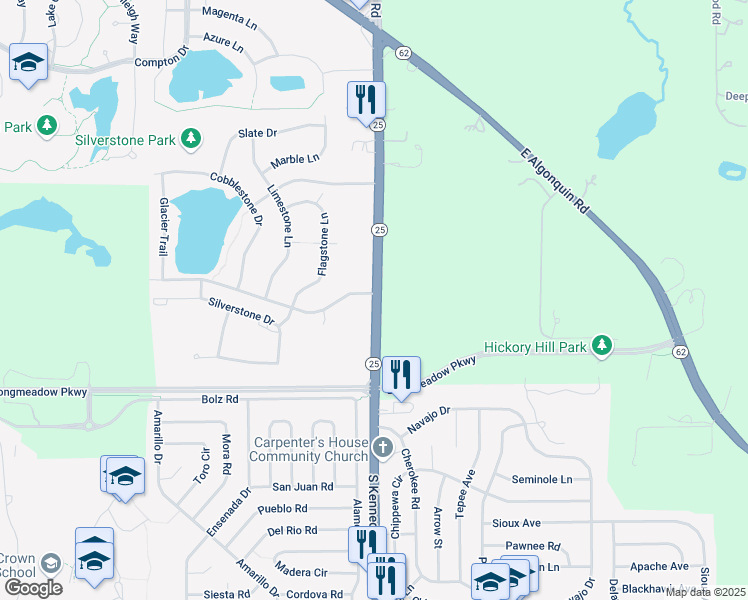 map of restaurants, bars, coffee shops, grocery stores, and more near 111 Silverstone Drive in Carpentersville