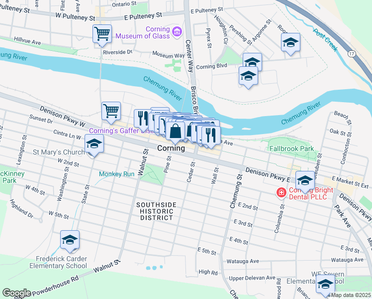 map of restaurants, bars, coffee shops, grocery stores, and more near 31-35 Denison Parkway East in Corning
