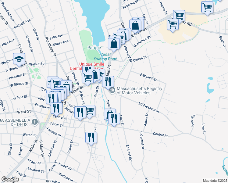 map of restaurants, bars, coffee shops, grocery stores, and more near 16 Mount Pleasant Street in Milford