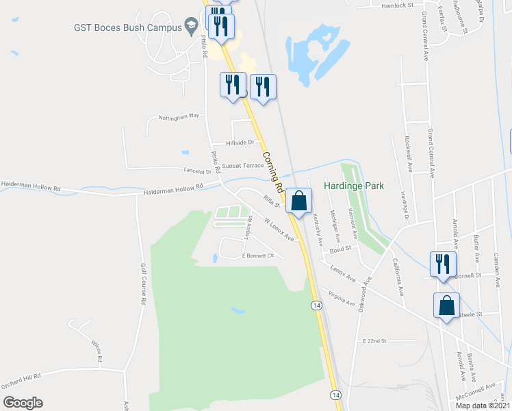 map of restaurants, bars, coffee shops, grocery stores, and more near 324 West Lenox Avenue in Elmira