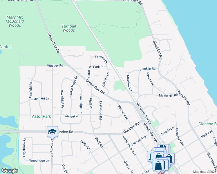 map of restaurants, bars, coffee shops, grocery stores, and more near 1049 Old Elm Lane in Glencoe