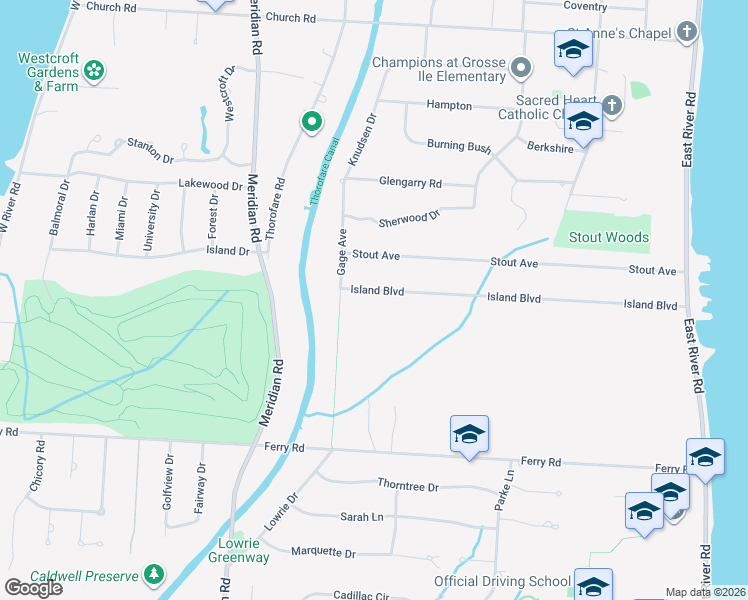 map of restaurants, bars, coffee shops, grocery stores, and more near 8653 Island Boulevard in Wayne County