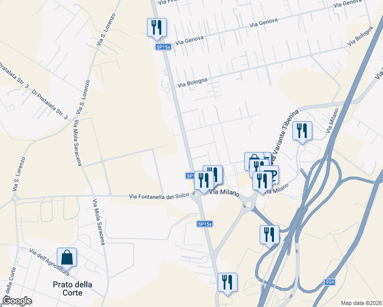 map of restaurants, bars, coffee shops, grocery stores, and more near 32 Strada Provinciale 15a in Fiano Romano