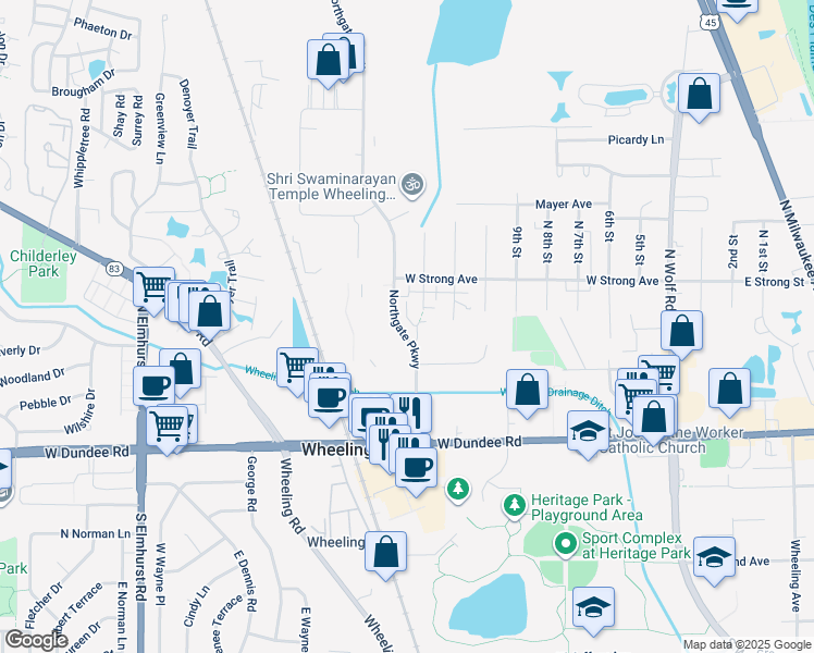 map of restaurants, bars, coffee shops, grocery stores, and more near 290 Northgate Parkway in Wheeling