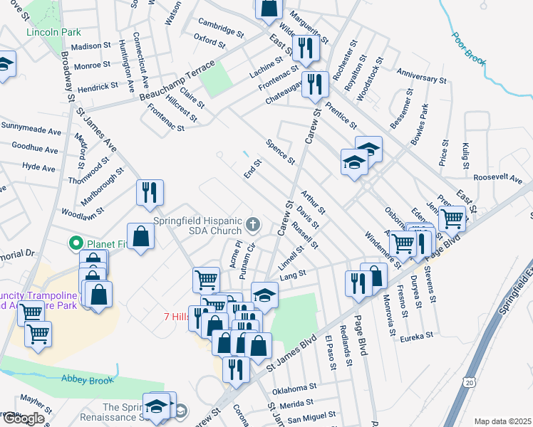 map of restaurants, bars, coffee shops, grocery stores, and more near 59 East Canton Circle in Springfield