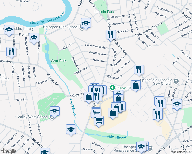 map of restaurants, bars, coffee shops, grocery stores, and more near 271 Wheatland Avenue in Chicopee