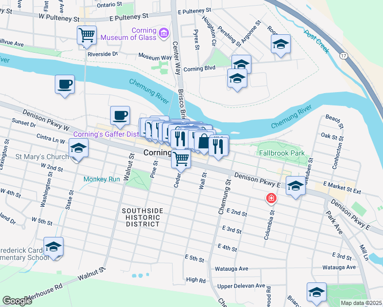 map of restaurants, bars, coffee shops, grocery stores, and more near 62 East Market Street in Corning