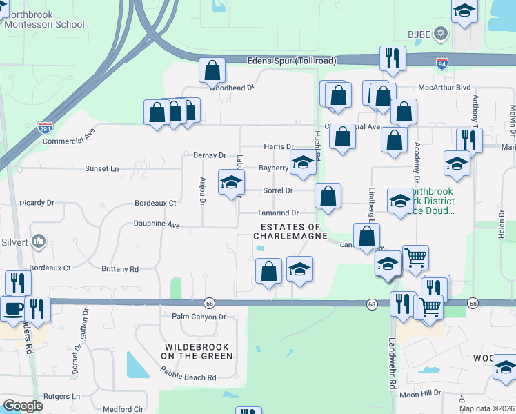map of restaurants, bars, coffee shops, grocery stores, and more near 3565 Tamarind Drive in Northbrook