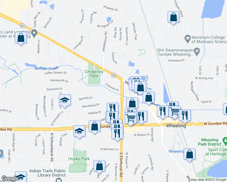 map of restaurants, bars, coffee shops, grocery stores, and more near 817 Colonial Drive in Wheeling