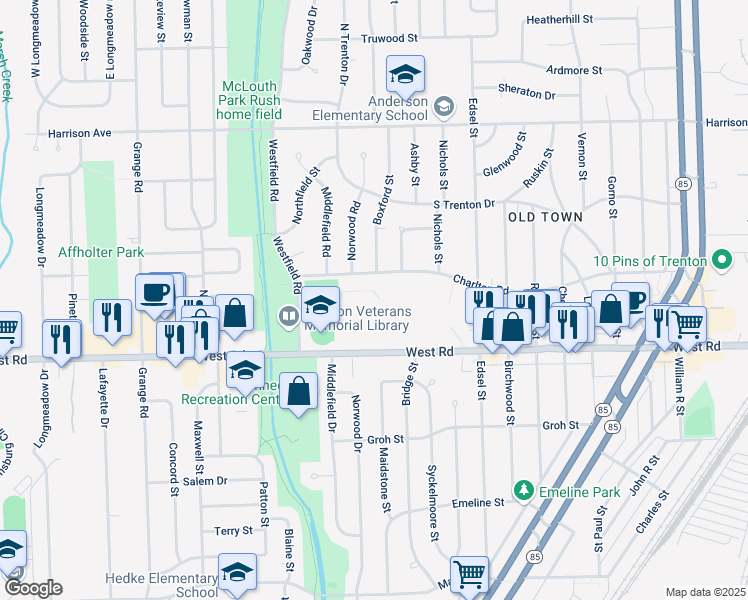 map of restaurants, bars, coffee shops, grocery stores, and more near 2601 Charlton Road in Trenton