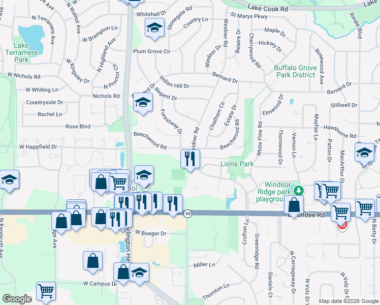map of restaurants, bars, coffee shops, grocery stores, and more near 665 Weidner Road in Buffalo Grove