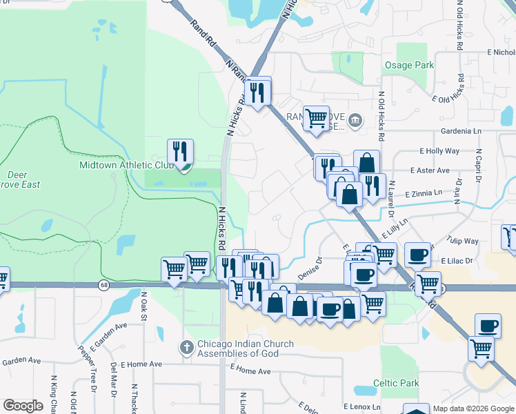 map of restaurants, bars, coffee shops, grocery stores, and more near 431 East Osage Lane in Palatine