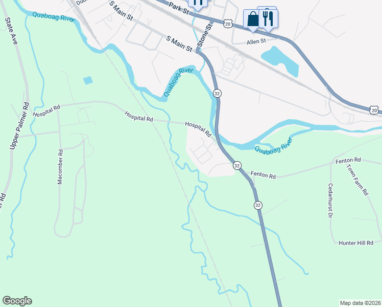 map of restaurants, bars, coffee shops, grocery stores, and more near 268 Palmer Road in Monson