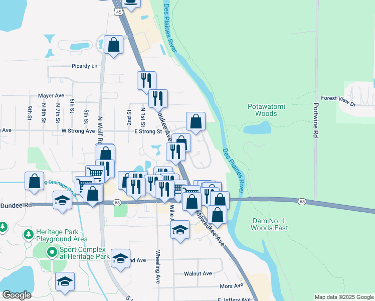map of restaurants, bars, coffee shops, grocery stores, and more near 240 Woodmere Lane in Wheeling