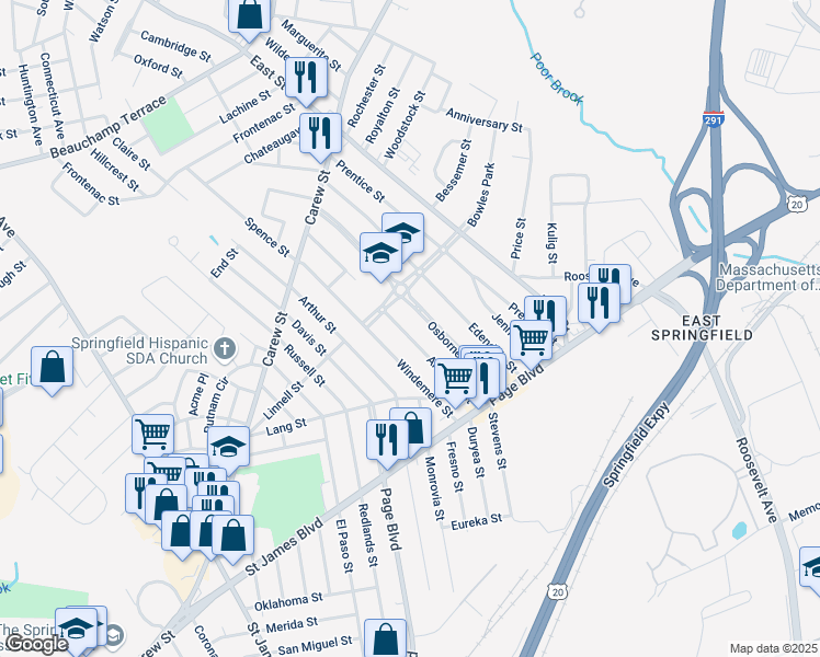 map of restaurants, bars, coffee shops, grocery stores, and more near 109 Ardmore Street in Springfield