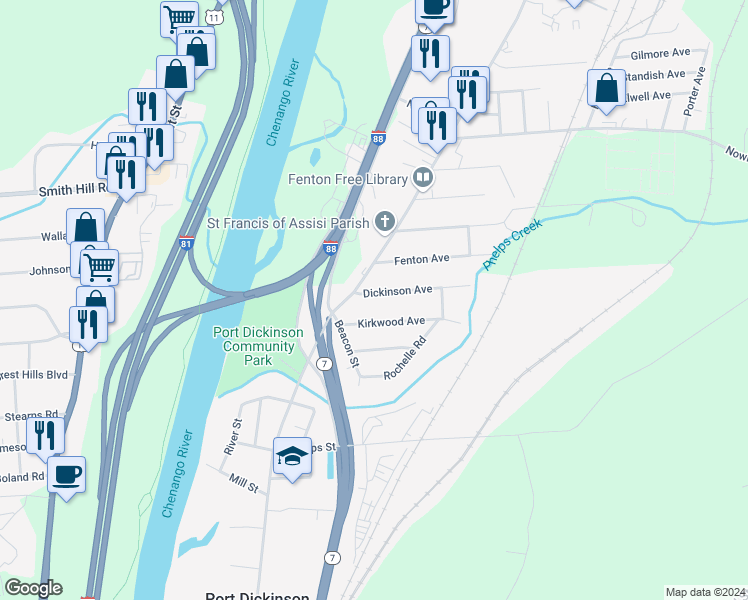 map of restaurants, bars, coffee shops, grocery stores, and more near 13 Kirkwood Avenue in Binghamton