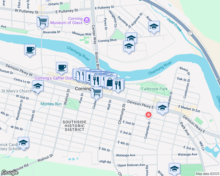 map of restaurants, bars, coffee shops, grocery stores, and more near in Corning