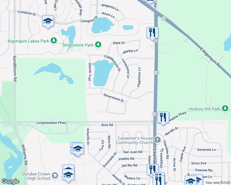 map of restaurants, bars, coffee shops, grocery stores, and more near 203 Silverstone Drive in Carpentersville