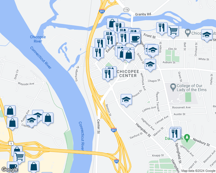 map of restaurants, bars, coffee shops, grocery stores, and more near 8 Abbey Street in Chicopee