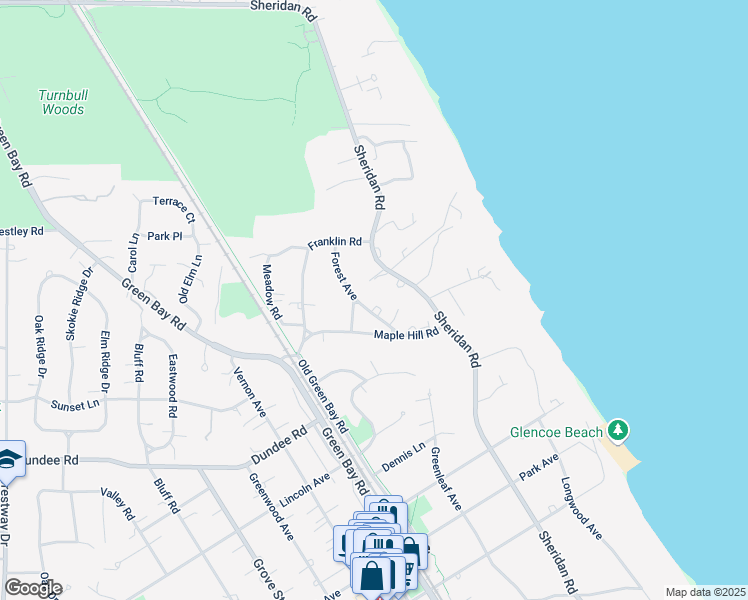 map of restaurants, bars, coffee shops, grocery stores, and more near 951 Forest Avenue in Glencoe