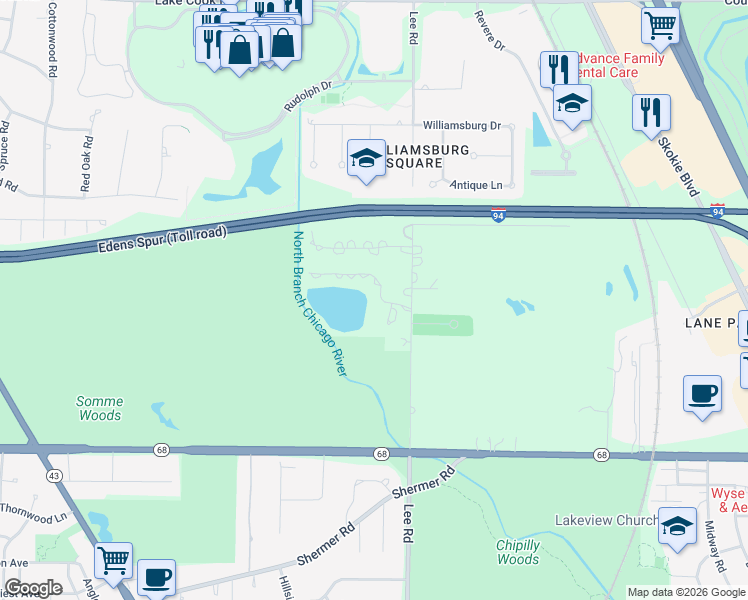map of restaurants, bars, coffee shops, grocery stores, and more near 542 Waters Edge Court in Northbrook