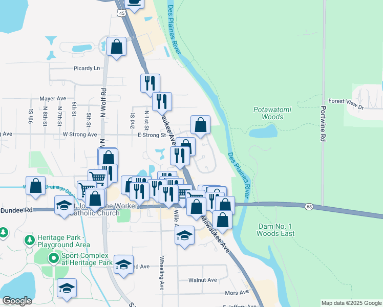 map of restaurants, bars, coffee shops, grocery stores, and more near 242 Woodmere Lane in Wheeling